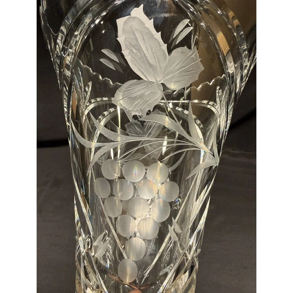 Vintage Crystal clear cut glass Vase Germany Lausitzer Glas etched grapes 10.5”